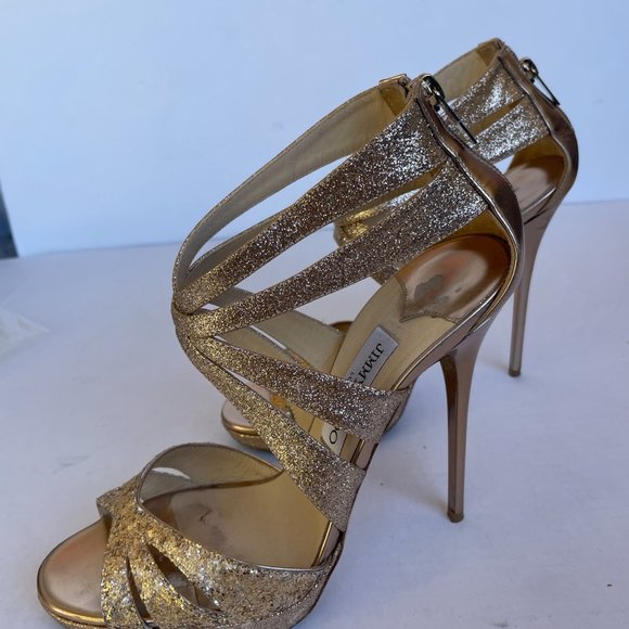 Jimmy Choo Metallic Gold Sandals Sz 40 Glitter Strap...